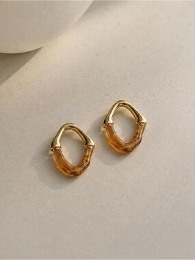 New Gold and Amber Resin Loopnpost back  Earrings - Women Jewelry